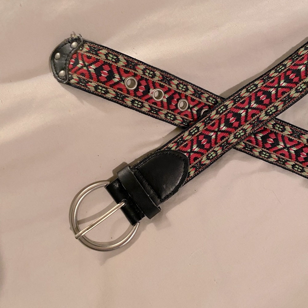 Embroidered belt, bright green and pink. Originally from PacSun